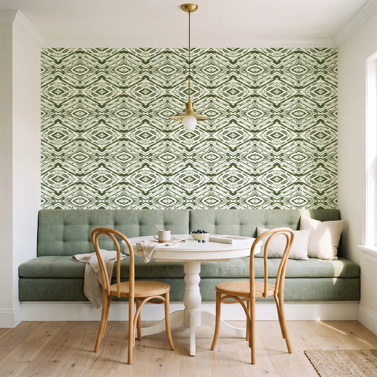 Arrows At Dawn Moss geometric diamond wallpaper as a feature wall in a sunlit breakfast nook