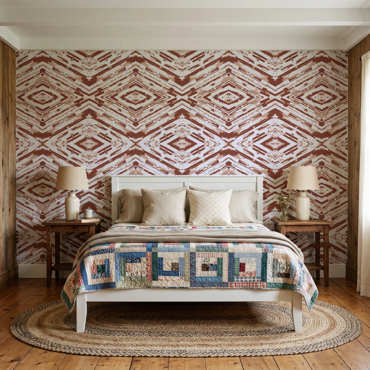 Arrows At Dawn Terracotta geometric diamond wallpaper behind a white cottage bed with a patchwork quilt in a cozy cottagecore bedroom