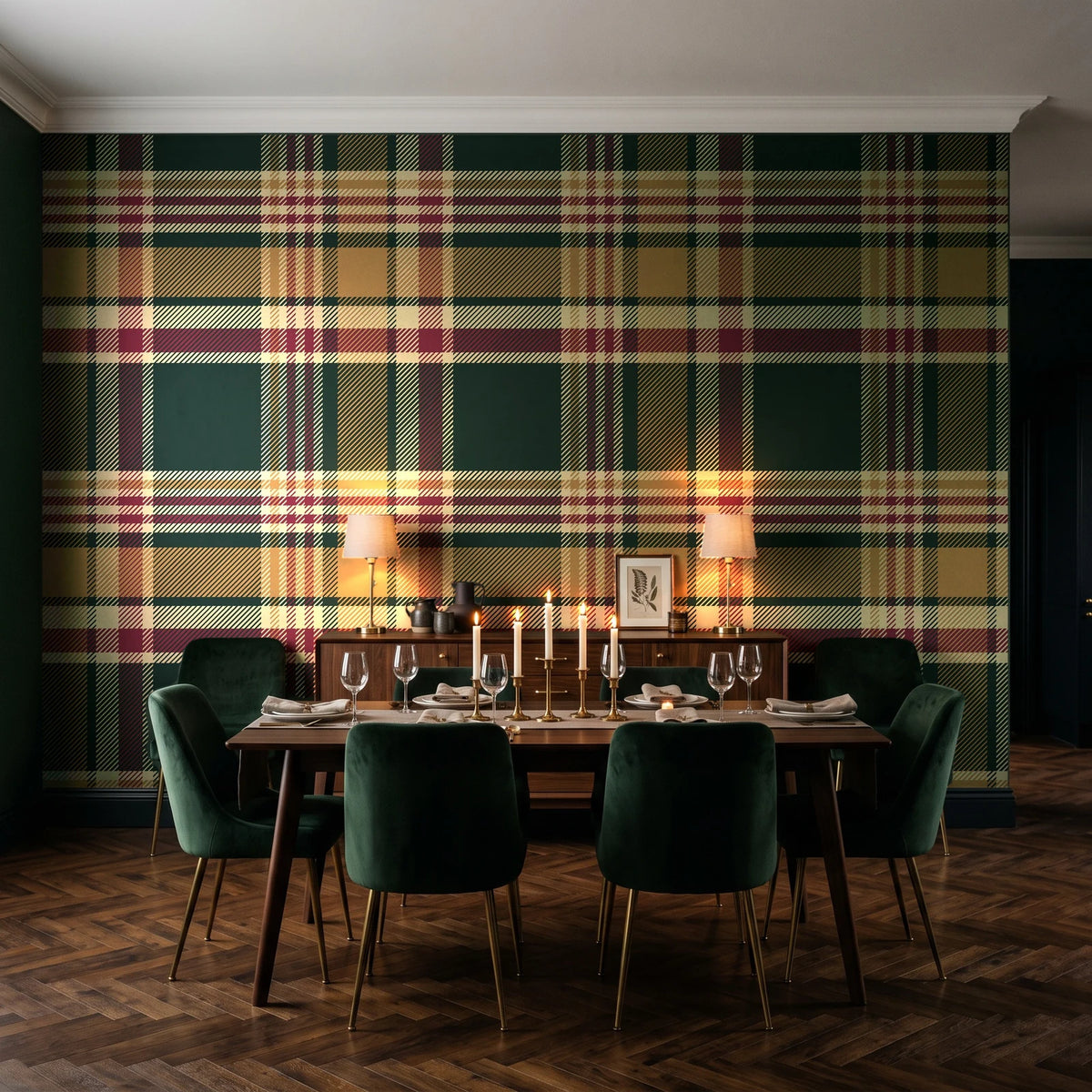 Autumn Lattice Evergreen plaid wallpaper in a dark moody dining room with a candlelit table