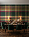 Autumn Lattice Evergreen plaid wallpaper in a dark moody dining room with a candlelit table