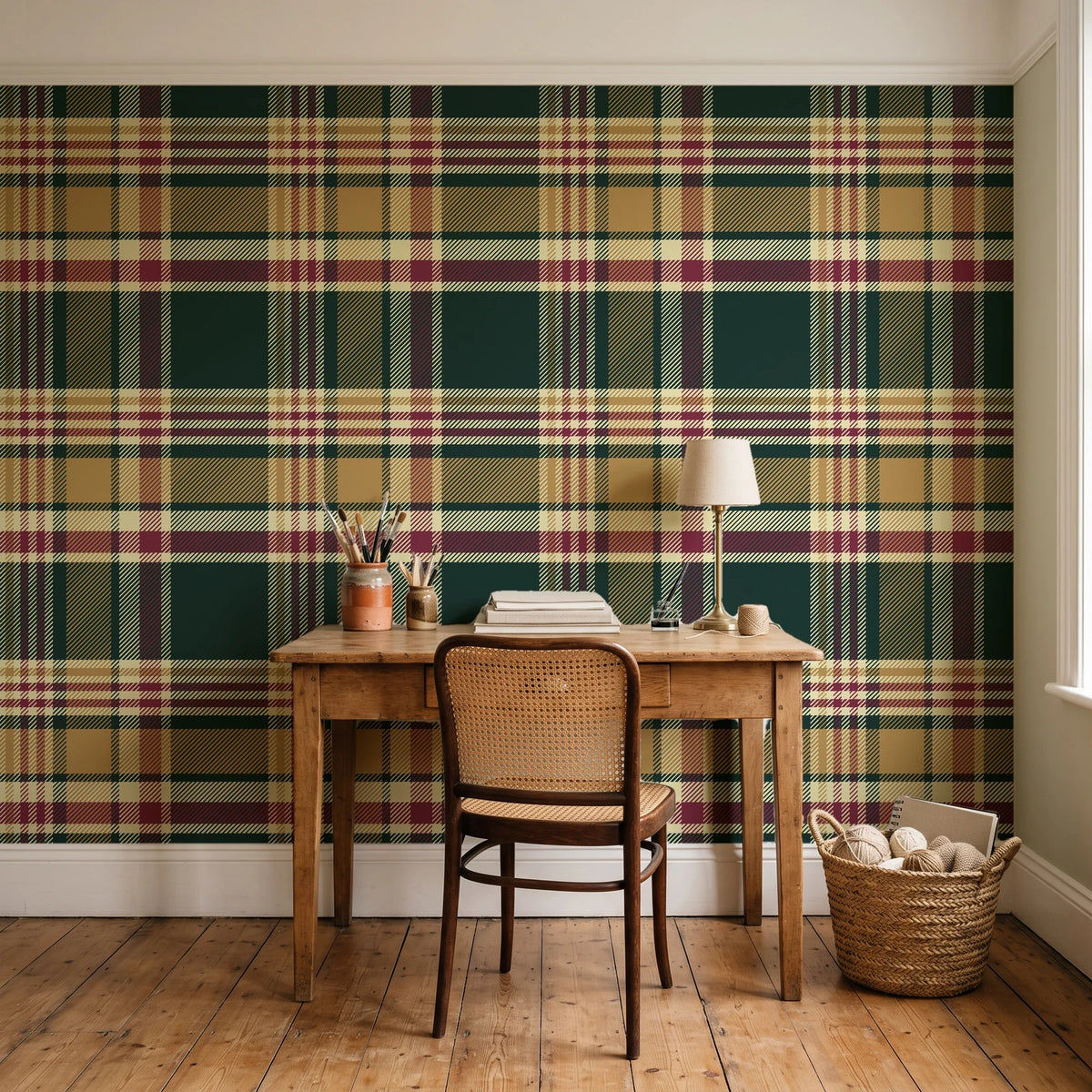 Autumn Lattice Evergreen plaid wallpaper behind a vintage writing desk in a cozy craft-room home office