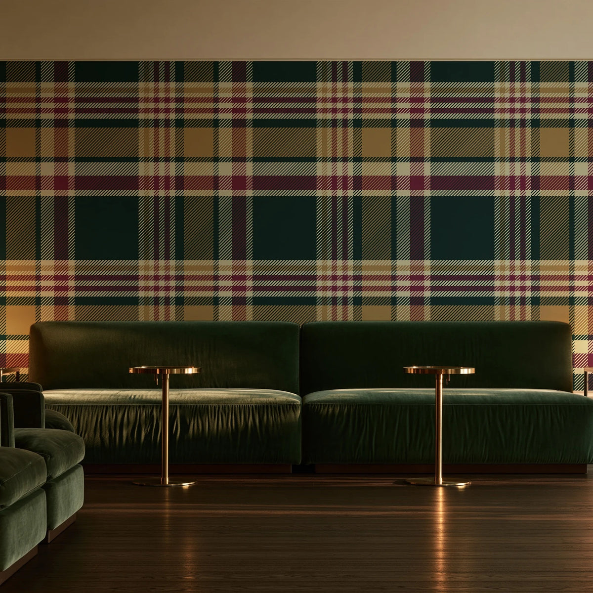 Autumn Lattice Evergreen plaid wallpaper in an intimate luxury cocktail lounge