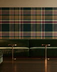 Autumn Lattice Evergreen plaid wallpaper in an intimate luxury cocktail lounge