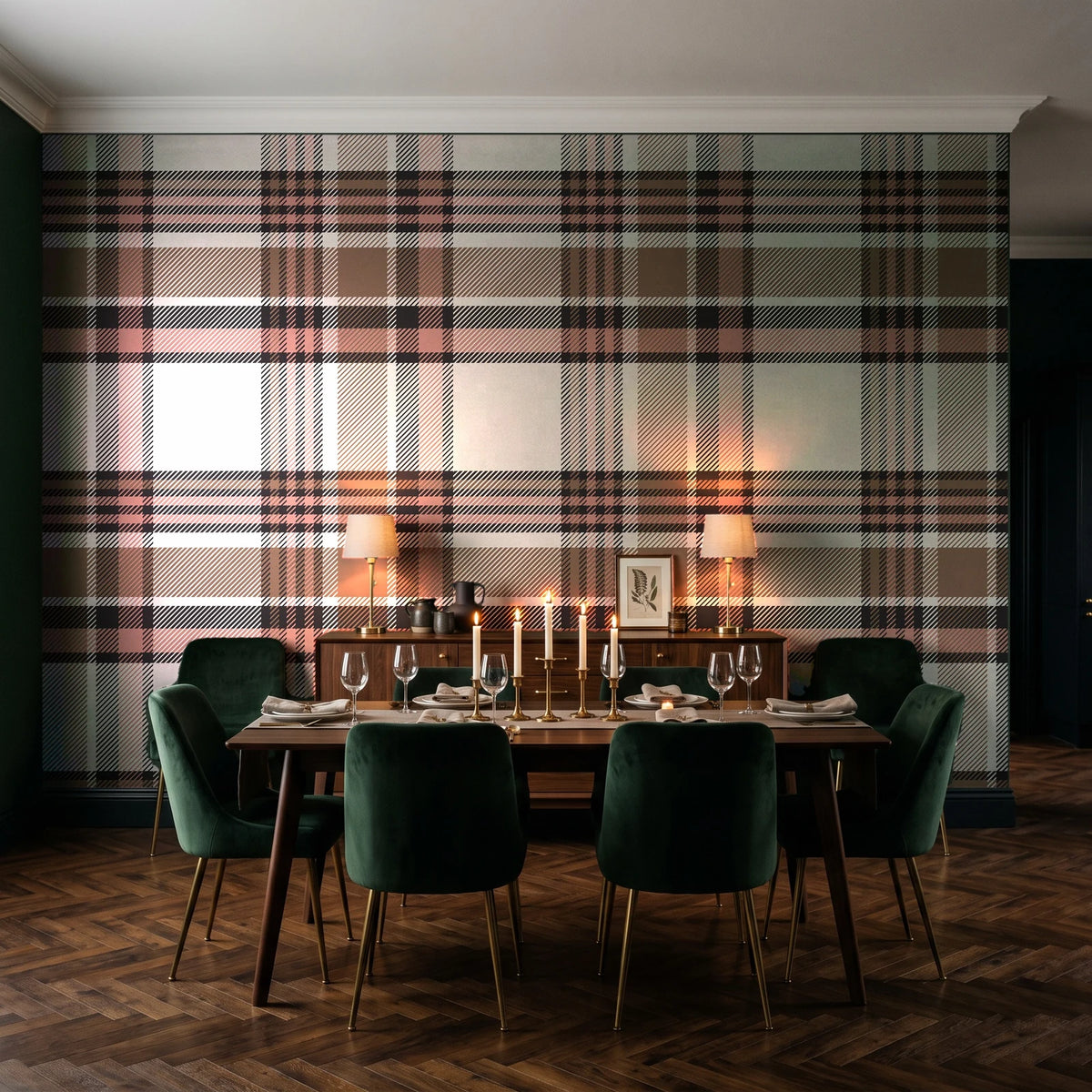Autumn Lattice Ivory plaid wallpaper in a dark moody dining room with a candlelit table