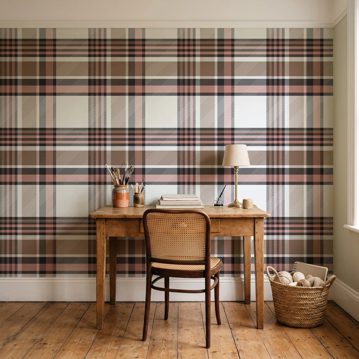 Autumn Lattice Ivory plaid wallpaper behind a vintage writing desk in a cozy craft-room home office