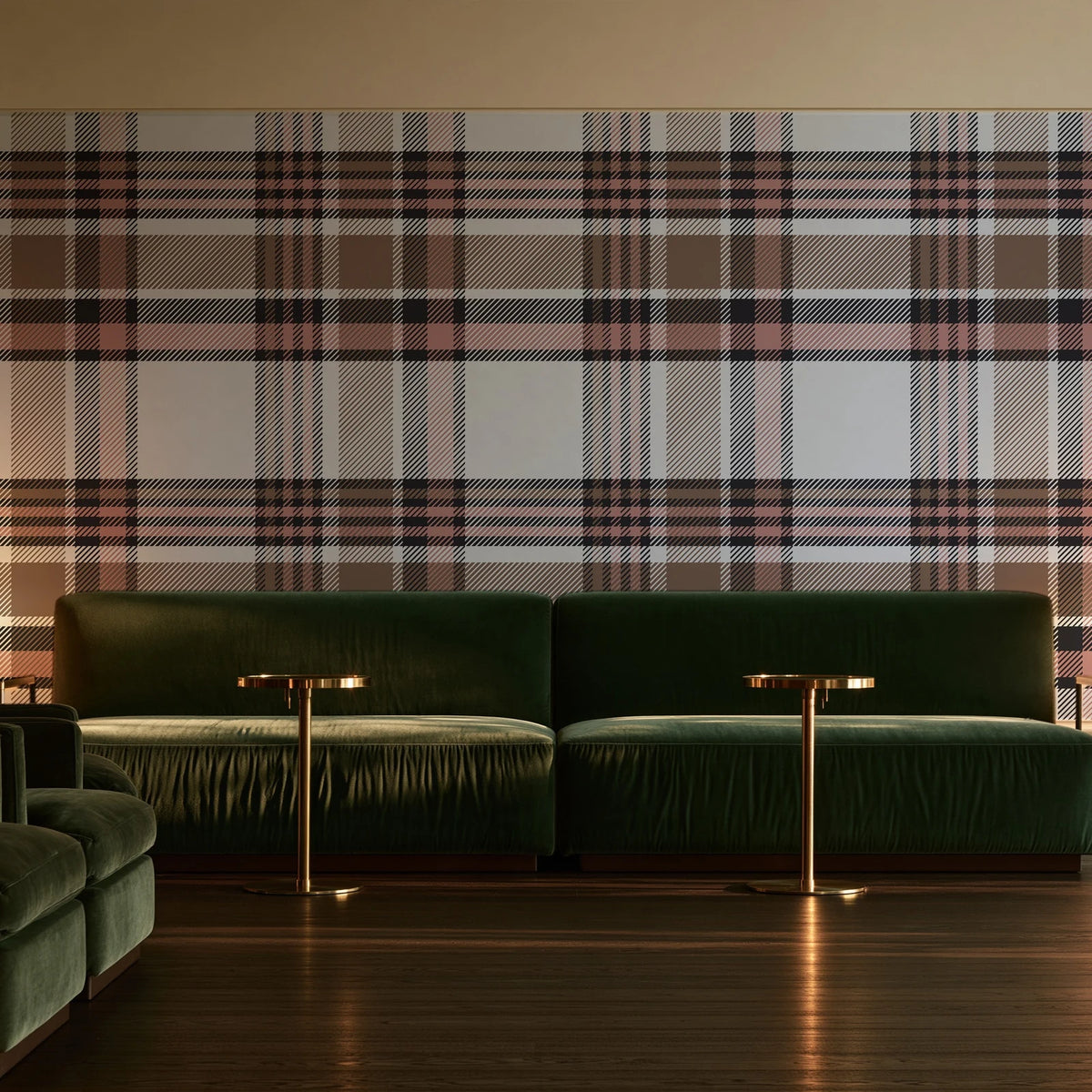 Autumn Lattice Ivory plaid wallpaper in an intimate luxury cocktail lounge