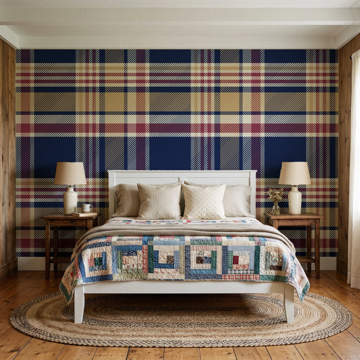 Autumn Lattice Navy plaid wallpaper behind a white cottage bed with a patchwork quilt in a cozy cottagecore bedroom