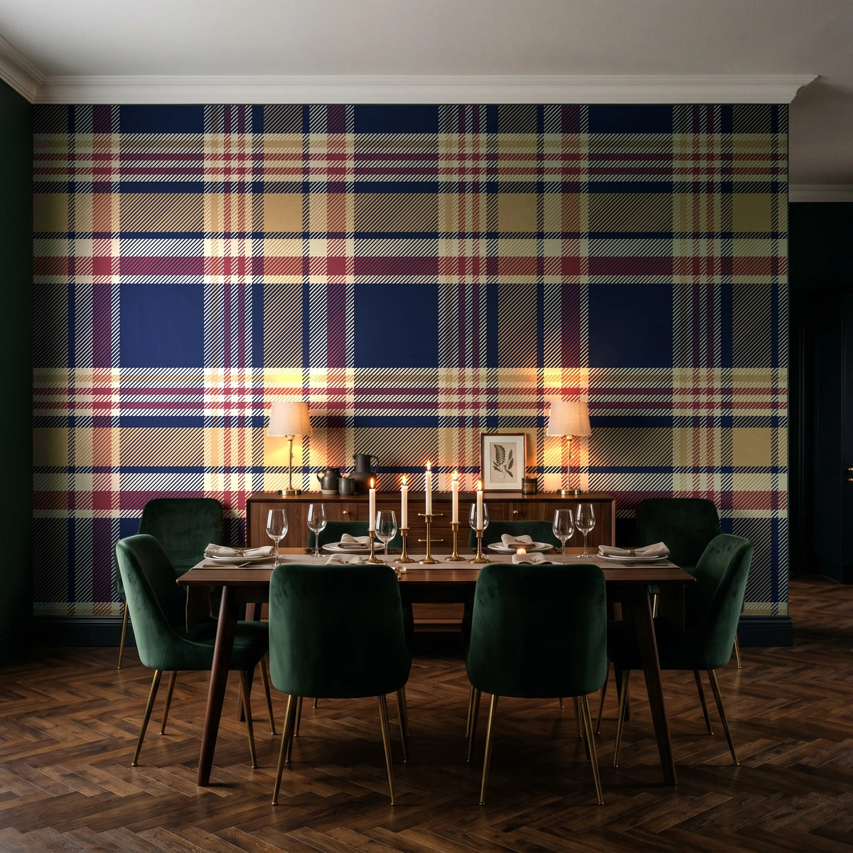 Autumn Lattice Navy plaid wallpaper in a dark moody dining room with a candlelit table
