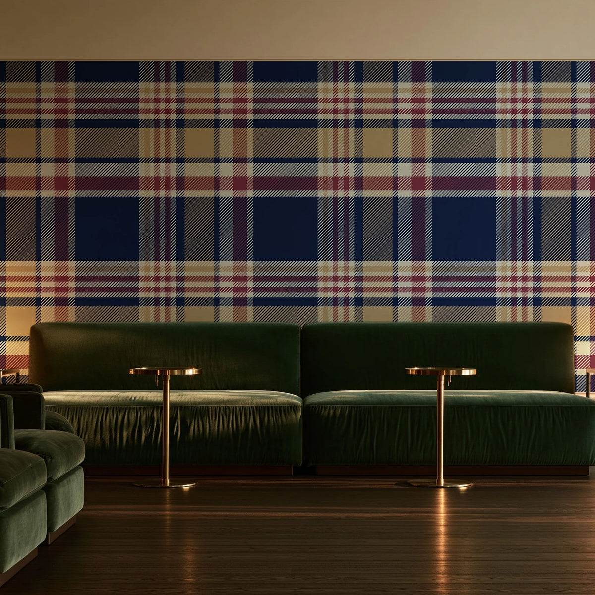 Autumn Lattice Navy plaid wallpaper in an intimate luxury cocktail lounge