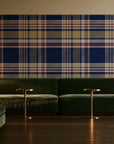 Autumn Lattice Navy plaid wallpaper in an intimate luxury cocktail lounge