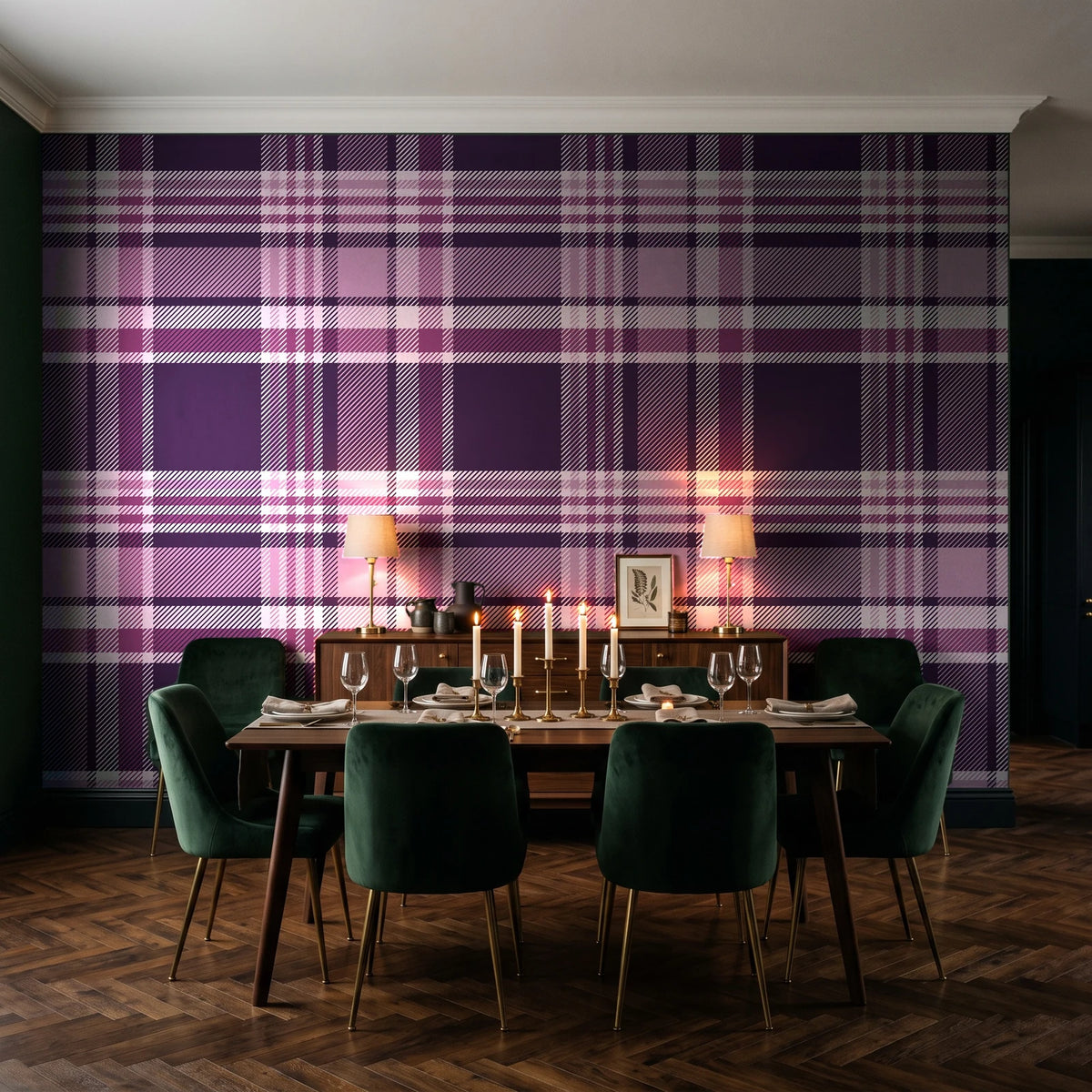 Autumn Lattice Plum plaid wallpaper in a dark moody dining room with a candlelit table