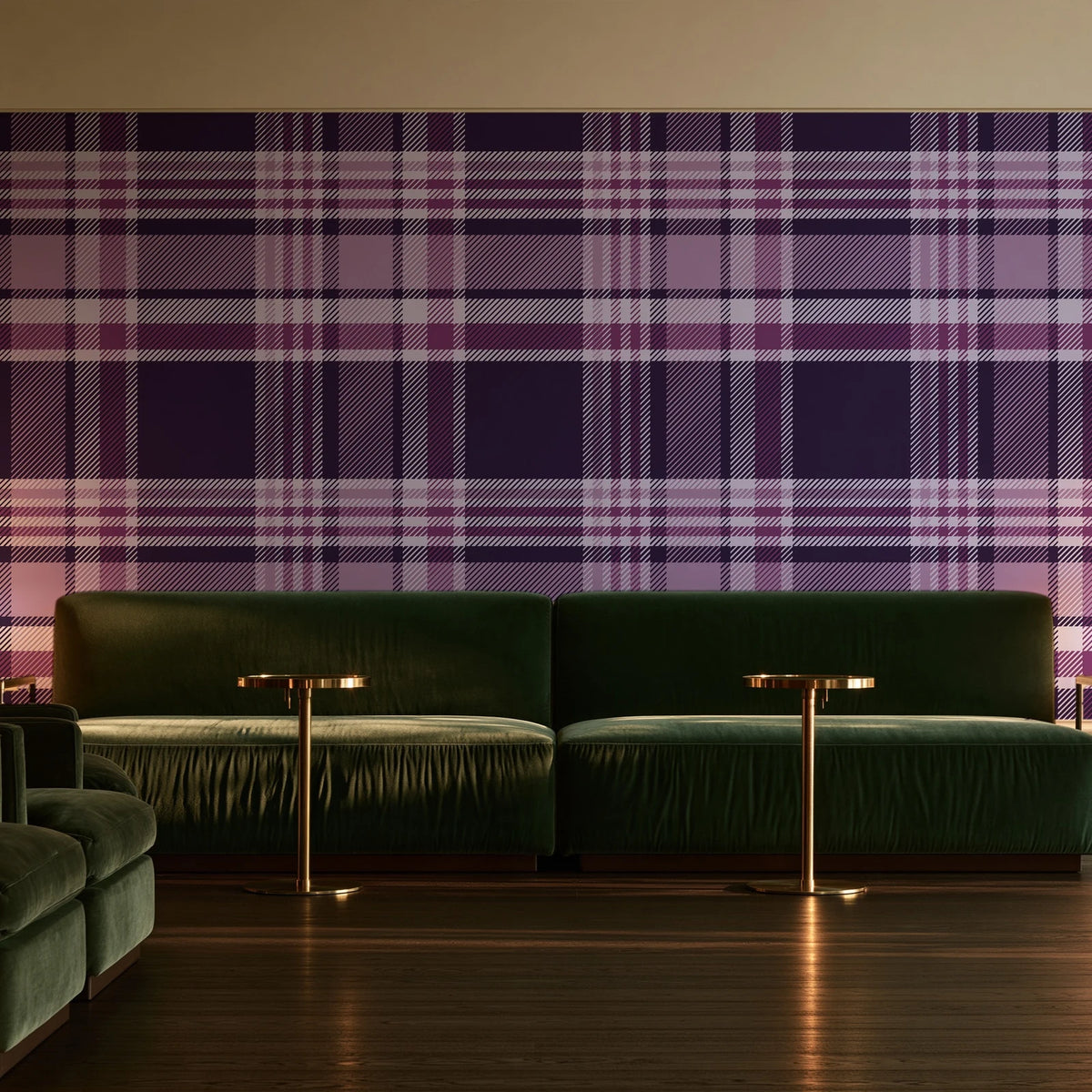 Autumn Lattice Plum plaid wallpaper in an intimate luxury cocktail lounge