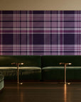 Autumn Lattice Plum plaid wallpaper in an intimate luxury cocktail lounge