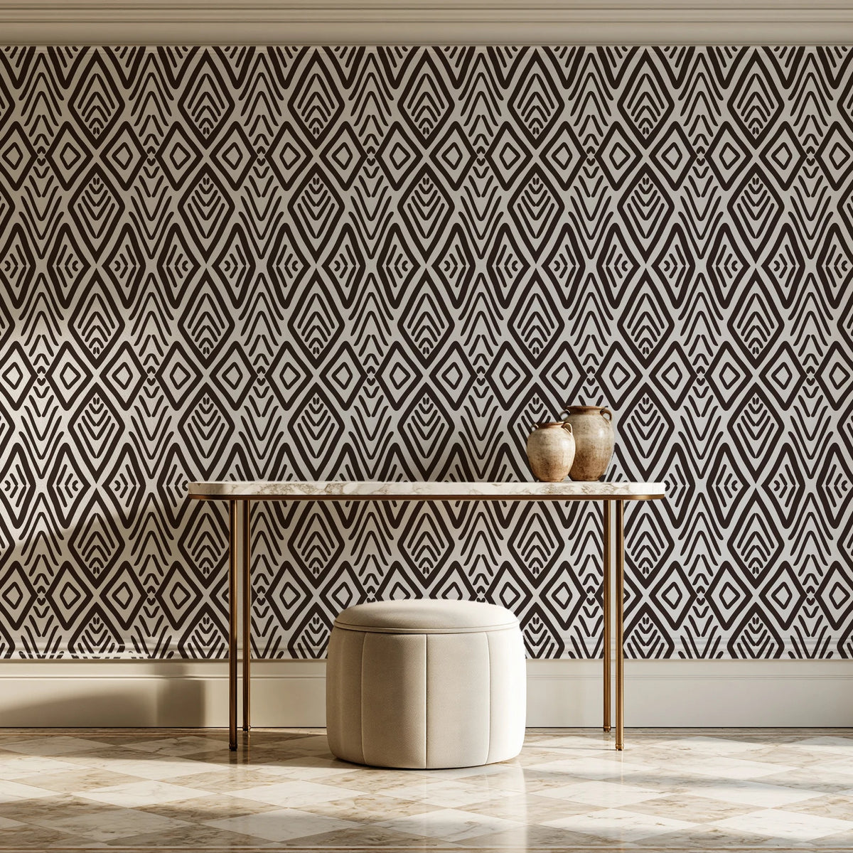 Aztec Quilt Espresso geometric tribal wallpaper on the wall of a grand entry foyer