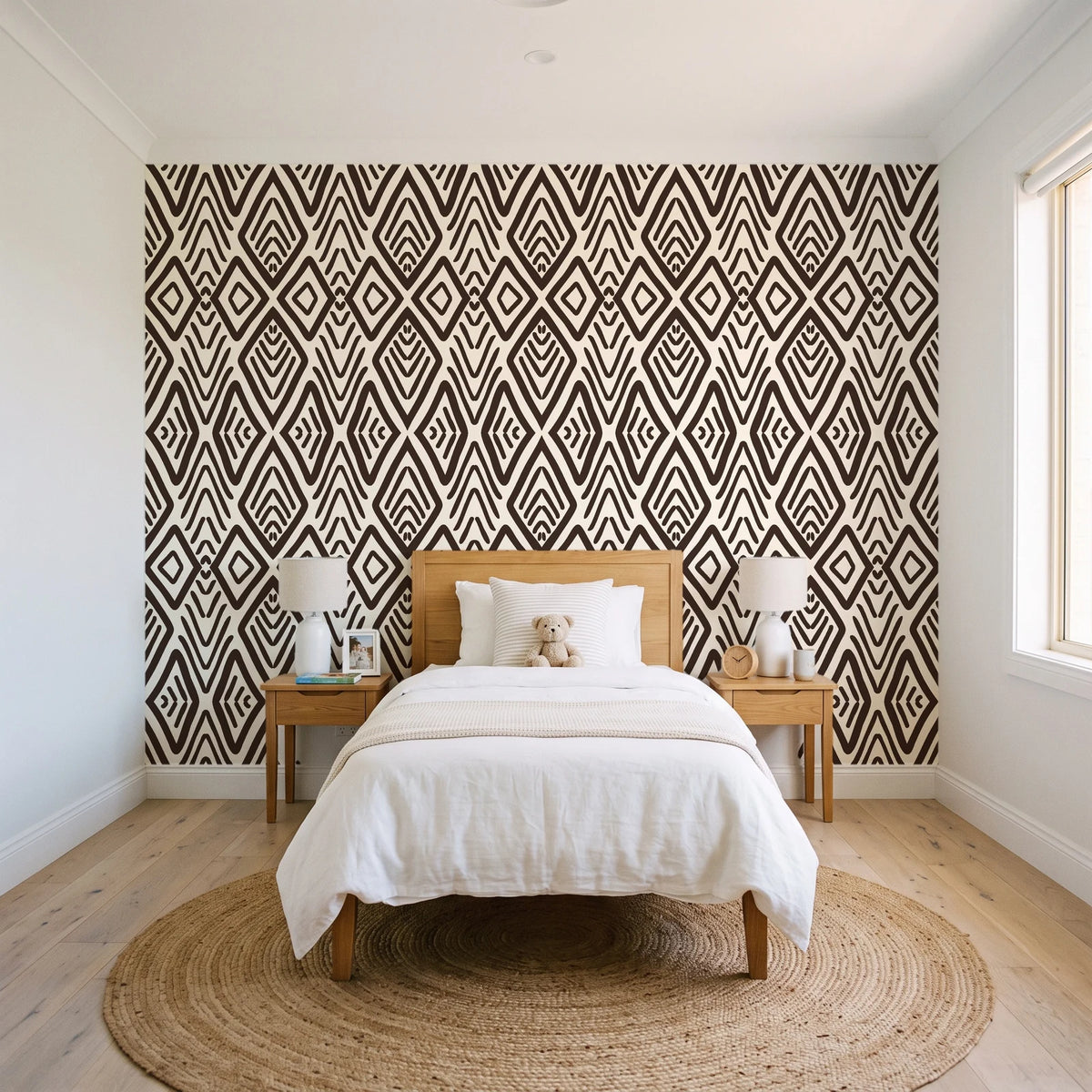 Aztec Quilt Espresso geometric tribal wallpaper in a bright, cheerful child's bedroom