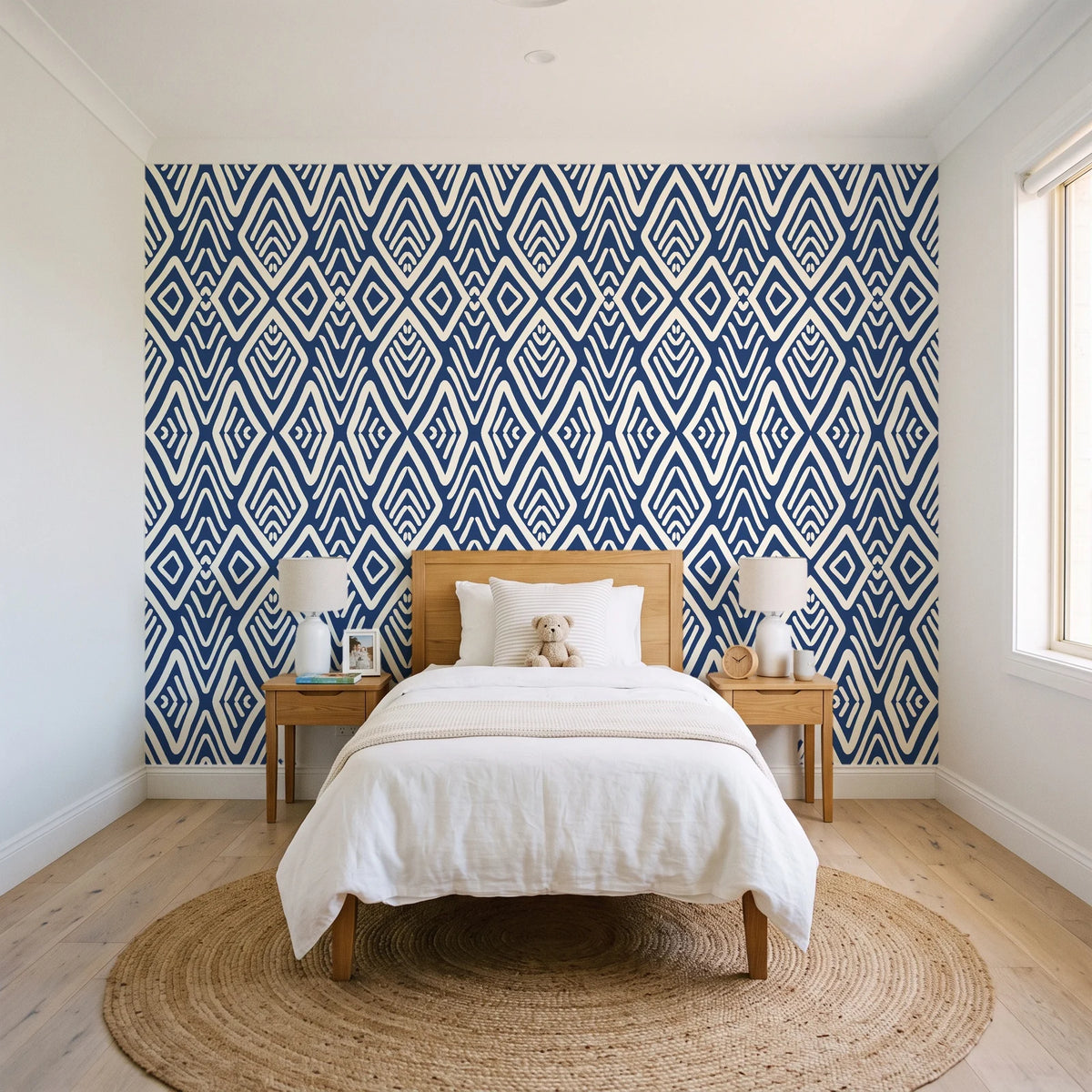 Aztec Quilt Indigo geometric tribal wallpaper in a bright, cheerful child's bedroom