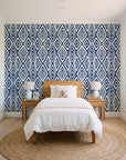 Aztec Quilt Indigo geometric tribal wallpaper in a bright, cheerful child's bedroom