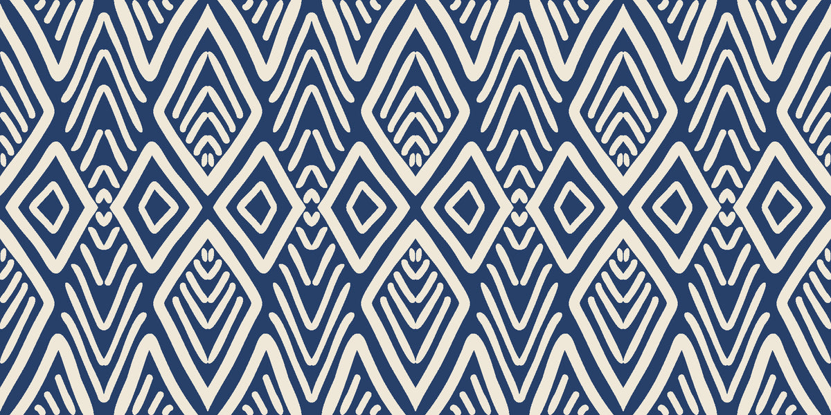 Aztec Quilt Indigo geometric tribal wallpaper in indigo and ivory