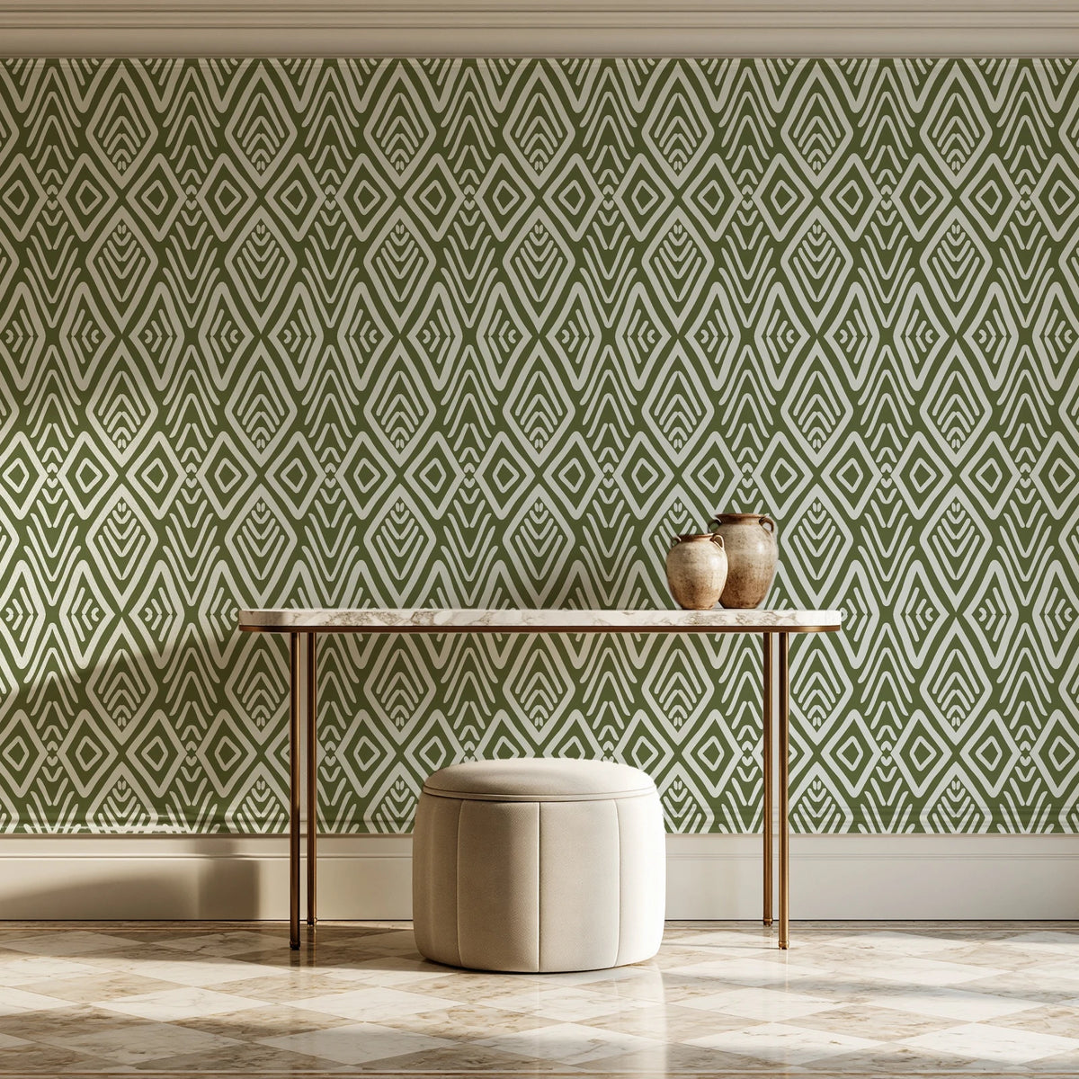 Aztec Quilt Olive geometric tribal wallpaper on the wall of a grand entry foyer