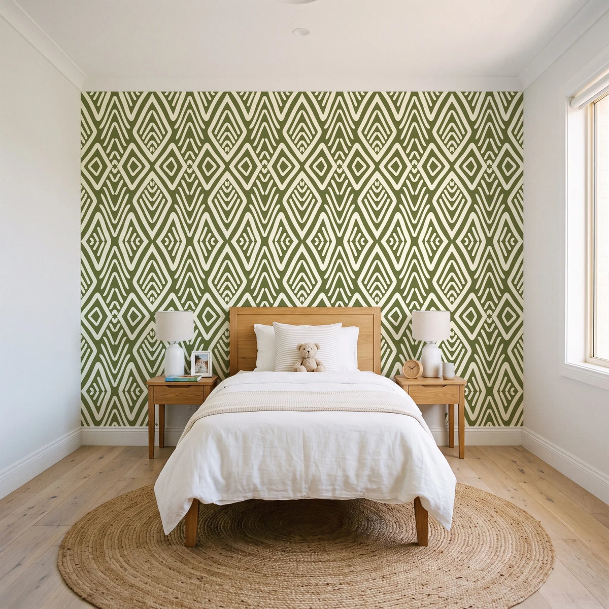 Aztec Quilt Olive geometric tribal wallpaper in a bright, cheerful child's bedroom
