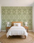Aztec Quilt Olive geometric tribal wallpaper in a bright, cheerful child's bedroom