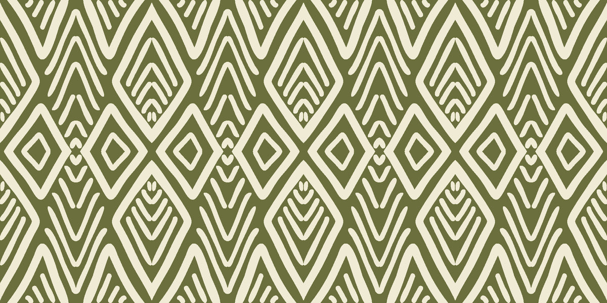 Aztec Quilt Olive geometric tribal wallpaper in olive and cream