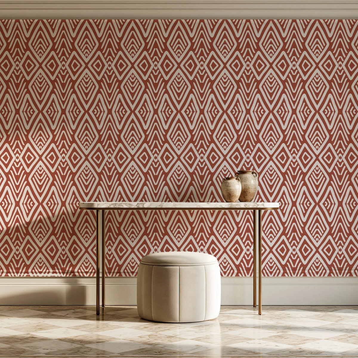 Aztec Quilt Terracotta geometric tribal wallpaper on the wall of a grand entry foyer