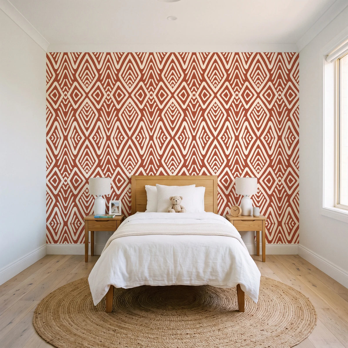 Aztec Quilt Terracotta geometric tribal wallpaper in a bright, cheerful child's bedroom