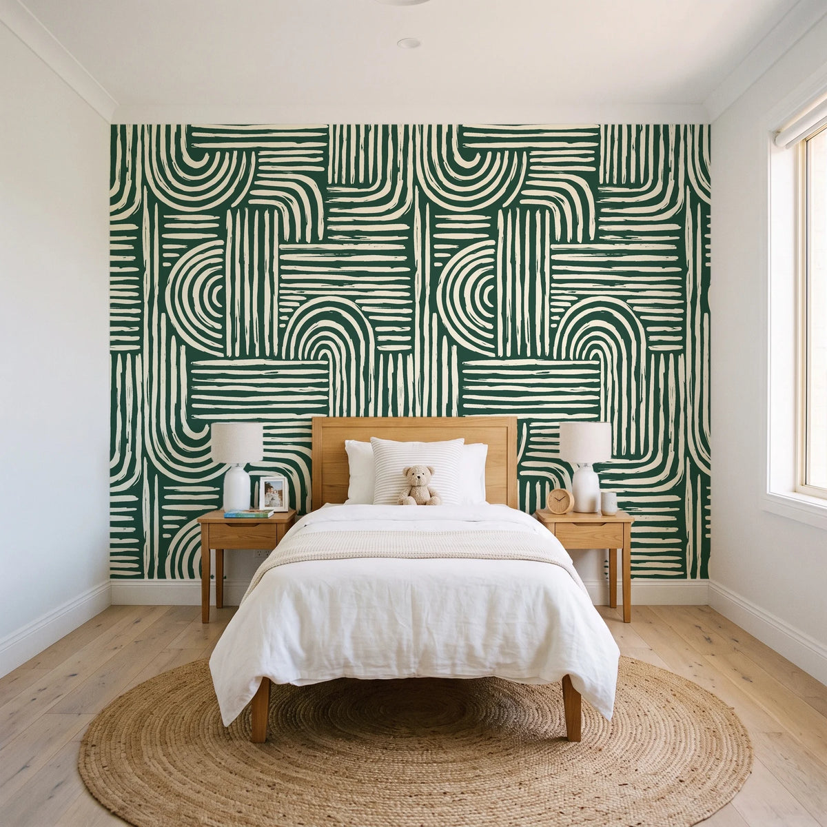 Bantu Lines Emerald brush geometric wallpaper in a bright, cheerful child's bedroom