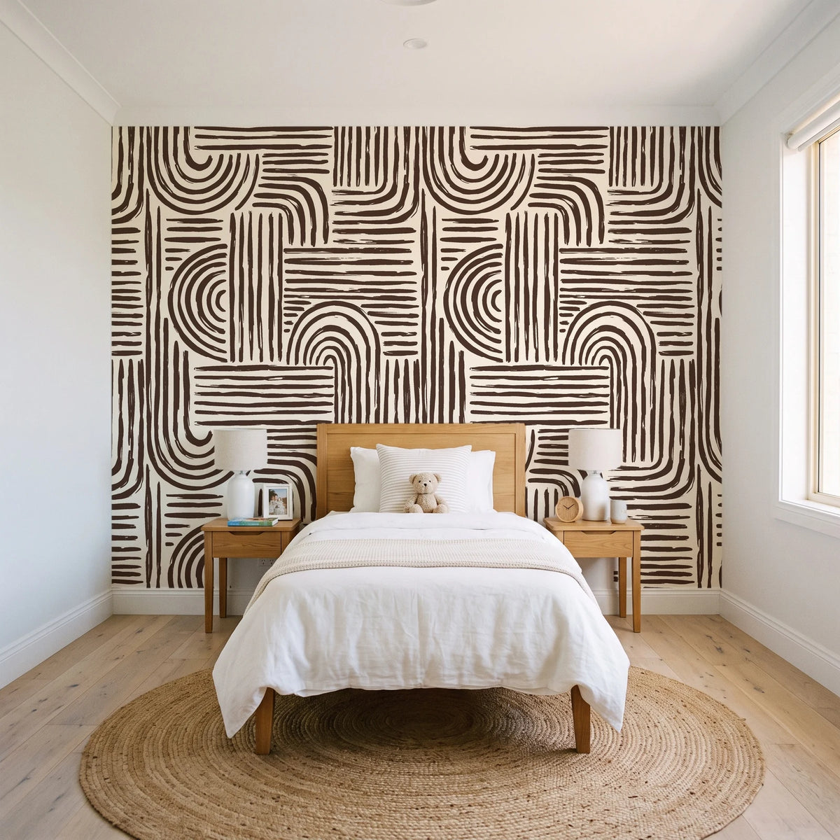 Bantu Lines Espresso brush geometric wallpaper in a bright, cheerful child's bedroom