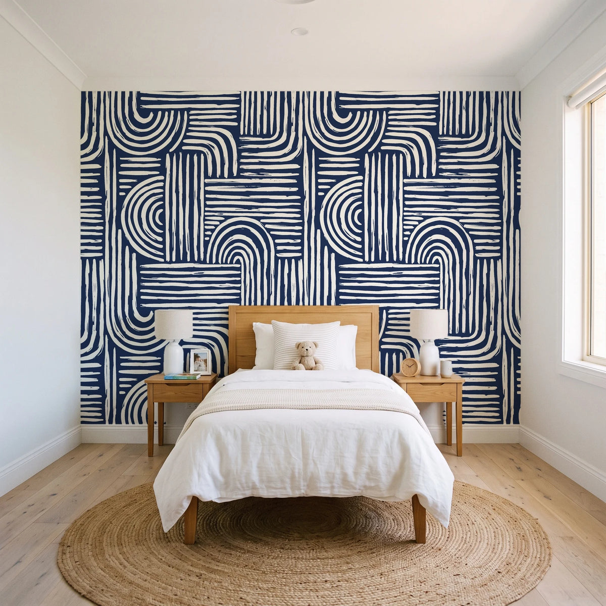 Bantu Lines Navy brush geometric wallpaper in a bright, cheerful child's bedroom