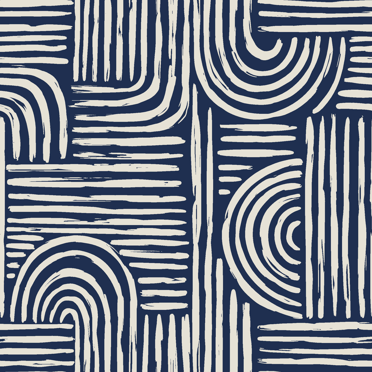 Bantu Lines Navy brush geometric wallpaper in navy and linen