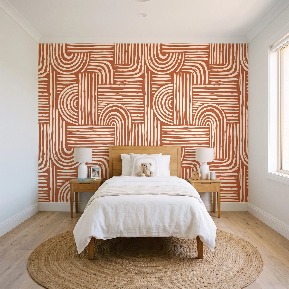 Bantu Lines Terracotta brush geometric wallpaper in a bright, cheerful child's bedroom