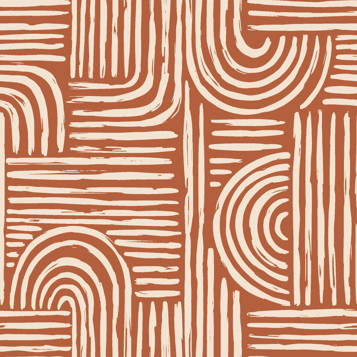 Bantu Lines Terracotta brush geometric wallpaper in terracotta and cream