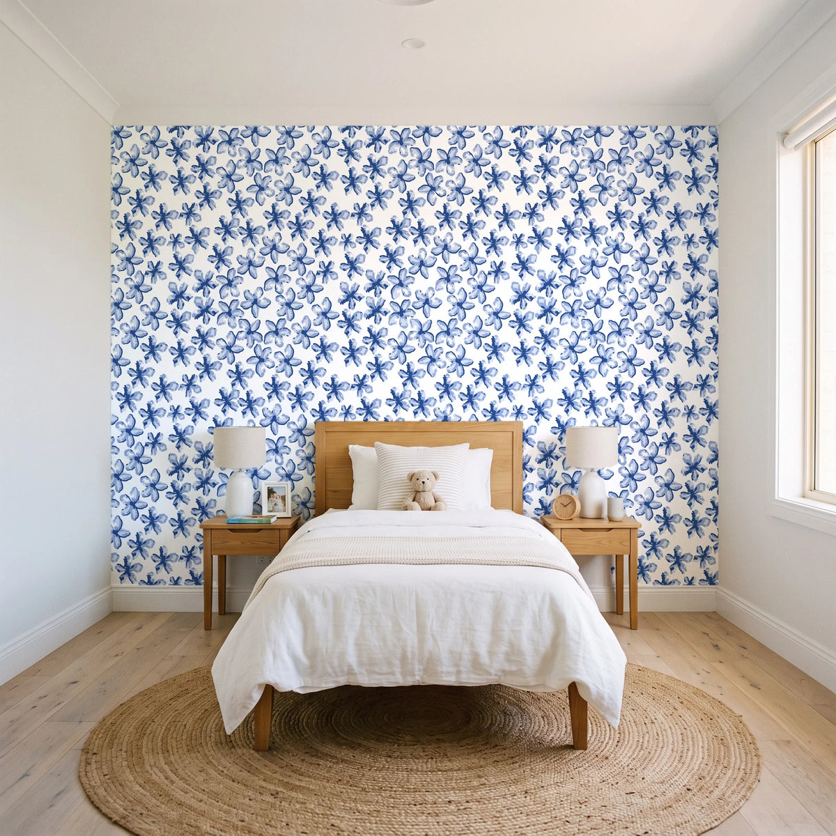 Blazing Petal Cobalt hibiscus floral wallpaper in a bright, cheerful child's bedroom