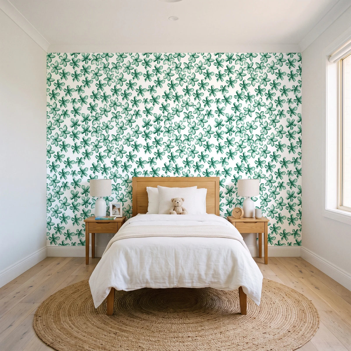 Blazing Petal Emerald hibiscus floral wallpaper in a bright, cheerful child's bedroom