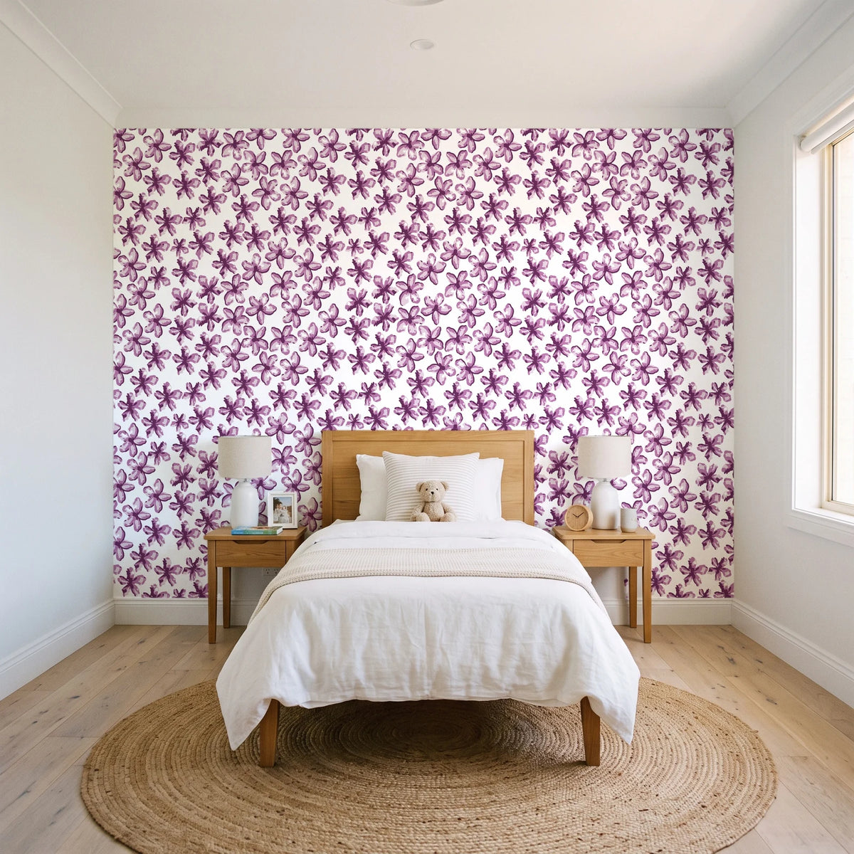 Blazing Petal Plum hibiscus floral wallpaper in a bright, cheerful child's bedroom