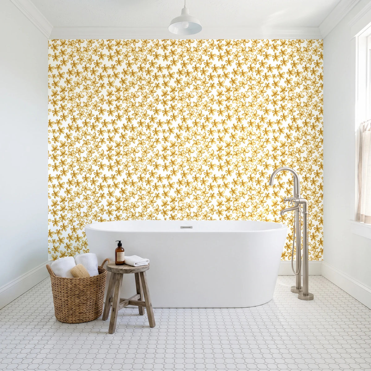 Blazing Petal Saffron hibiscus floral wallpaper behind a freestanding tub in a bright coastal bathroom