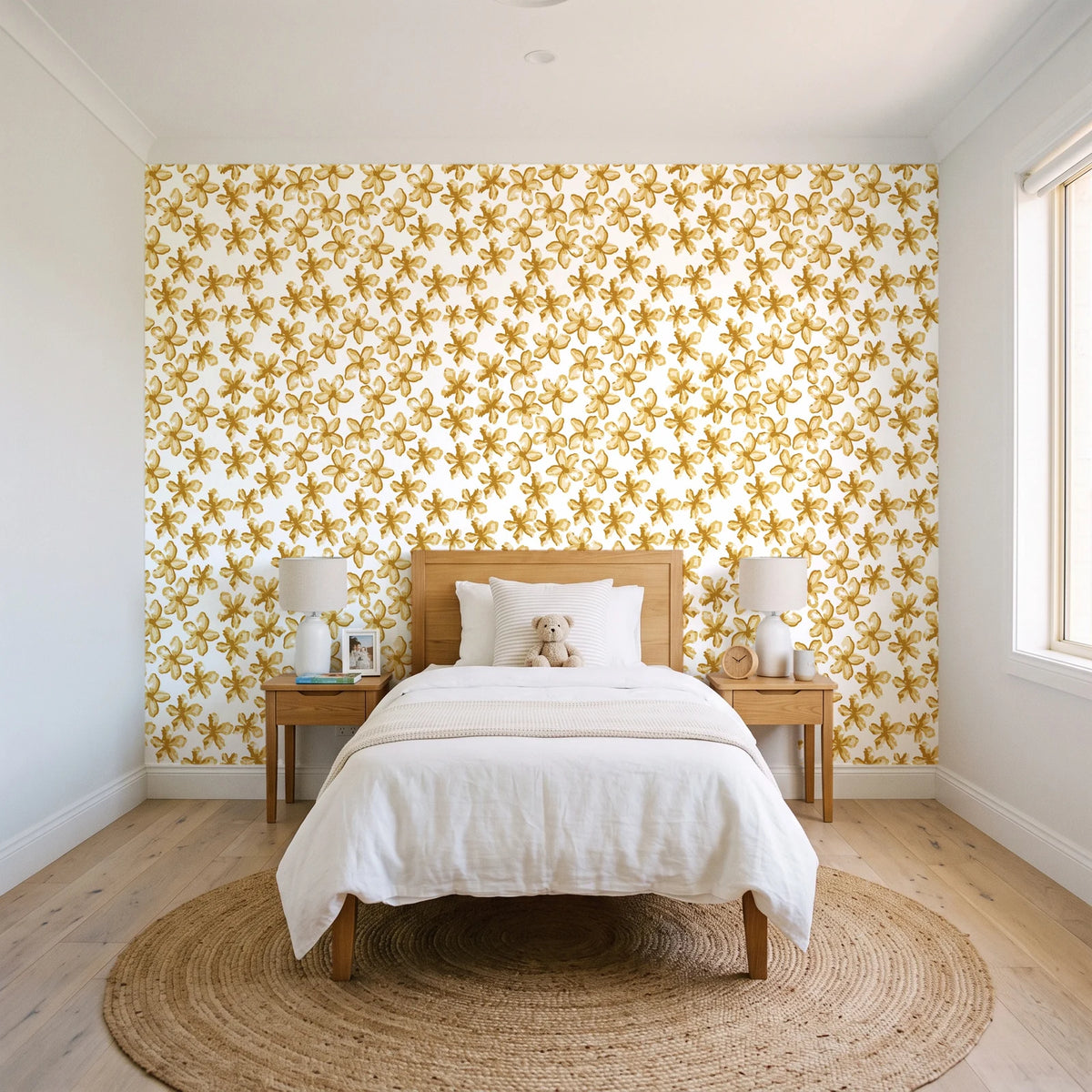 Blazing Petal Saffron hibiscus floral wallpaper in a bright, cheerful child's bedroom