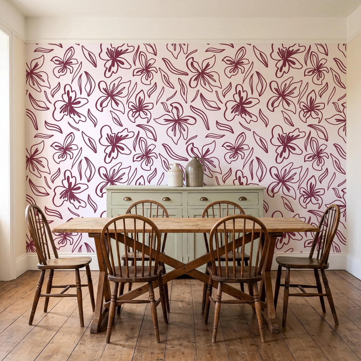 Blueprint Bloom Blush floral line wallpaper in a farmhouse dining room with a sage sideboard and rustic trestle table