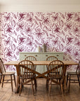 Blueprint Bloom Blush floral line wallpaper in a farmhouse dining room with a sage sideboard and rustic trestle table