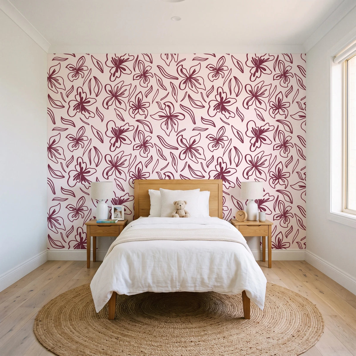 Blueprint Bloom Blush floral line wallpaper in a bright, cheerful child's bedroom