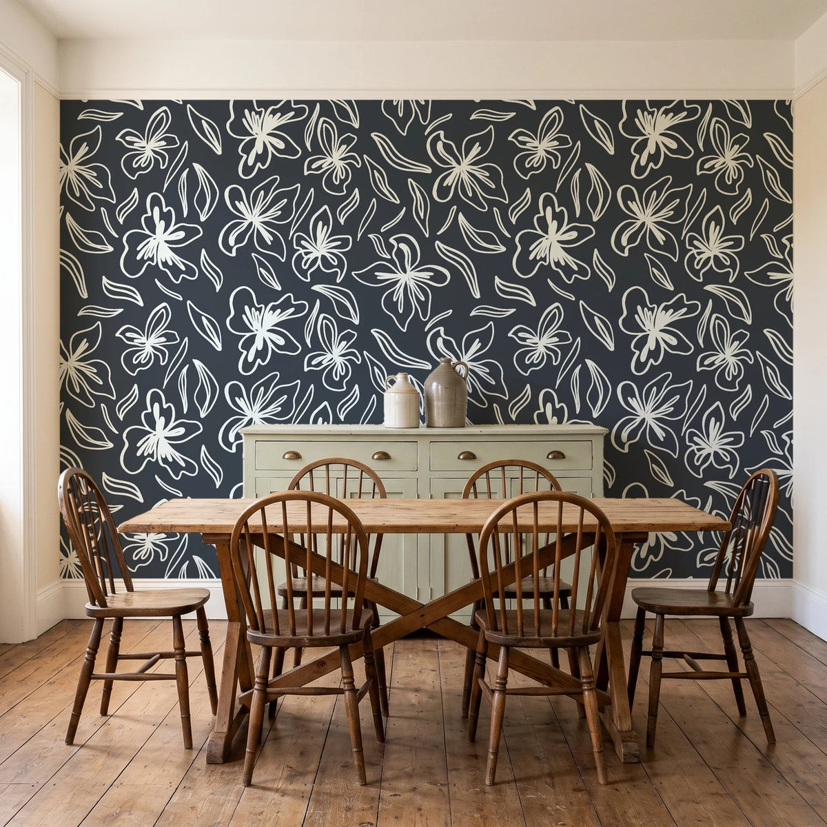 Blueprint Bloom Charcoal floral line wallpaper in a farmhouse dining room with a sage sideboard and rustic trestle table