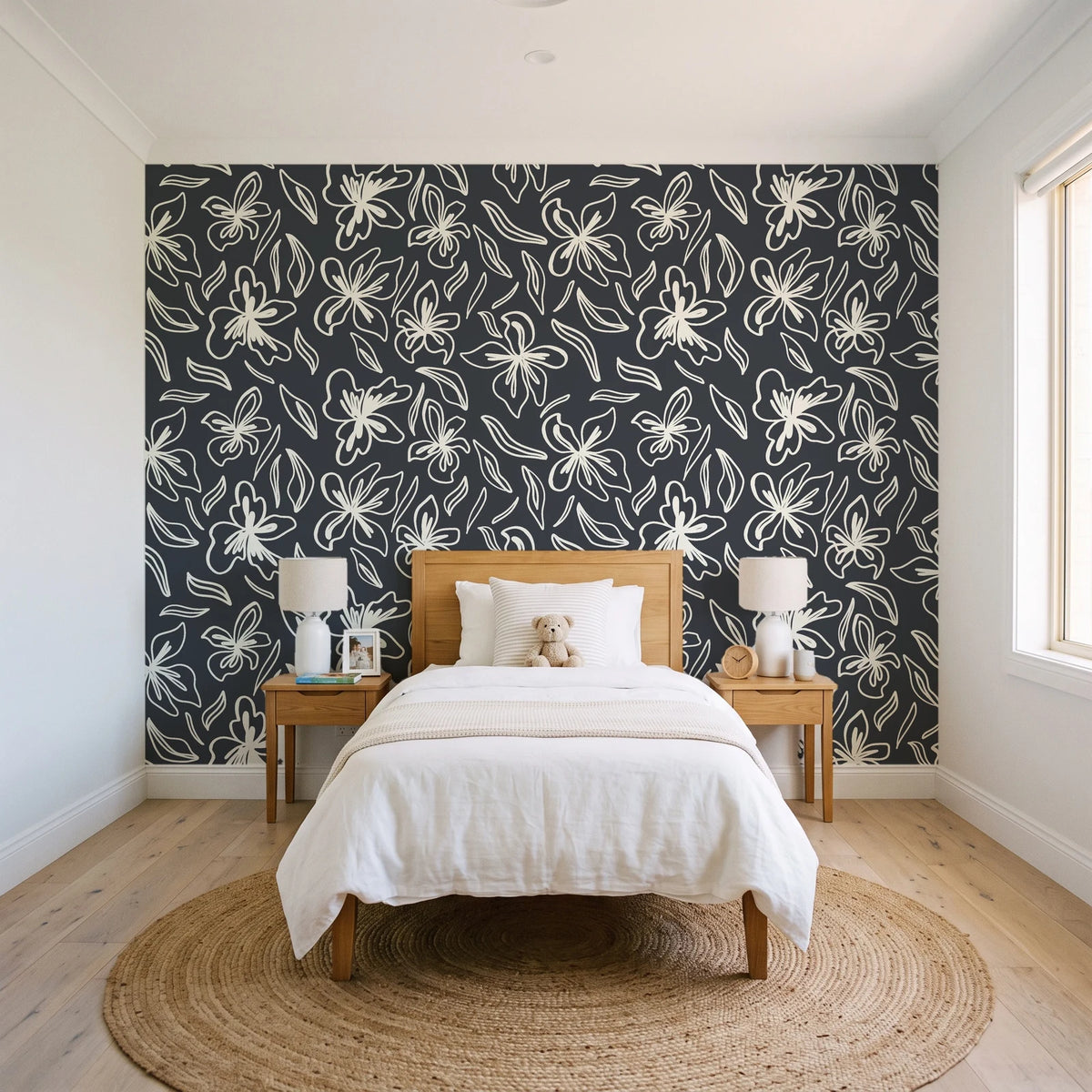 Blueprint Bloom Charcoal floral line wallpaper in a bright, cheerful child's bedroom