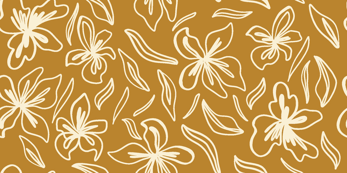 Blueprint Bloom Ochre floral line wallpaper in ochre and cream