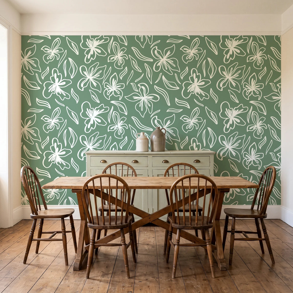 Blueprint Bloom Sage floral line wallpaper in a farmhouse dining room with a sage sideboard and rustic trestle table