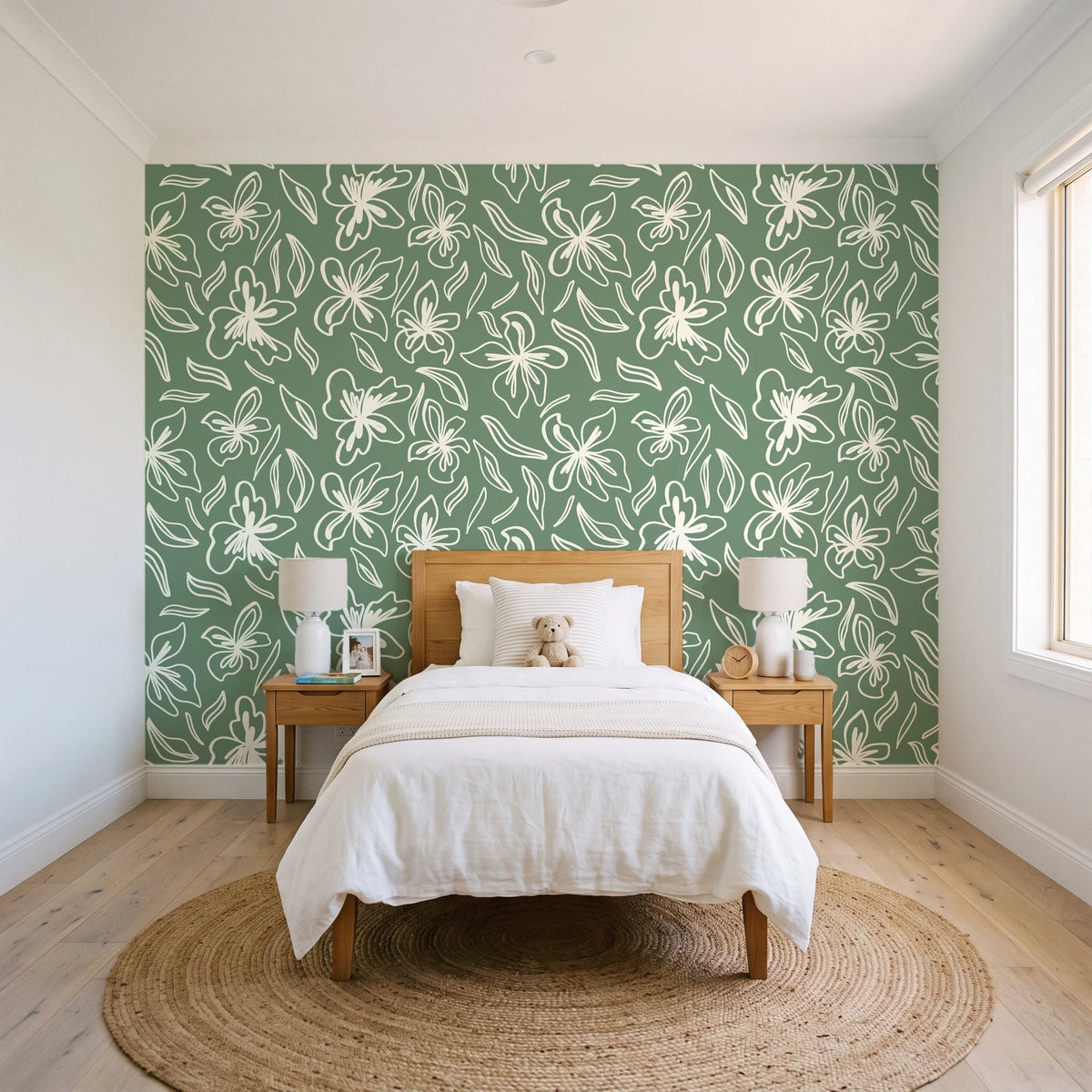 Blueprint Bloom Sage floral line wallpaper in a bright, cheerful child's bedroom