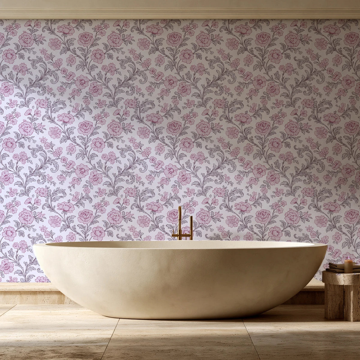 Blush Serenade Aubergine floral damask wallpaper creating ambiance in a serene spa bathroom