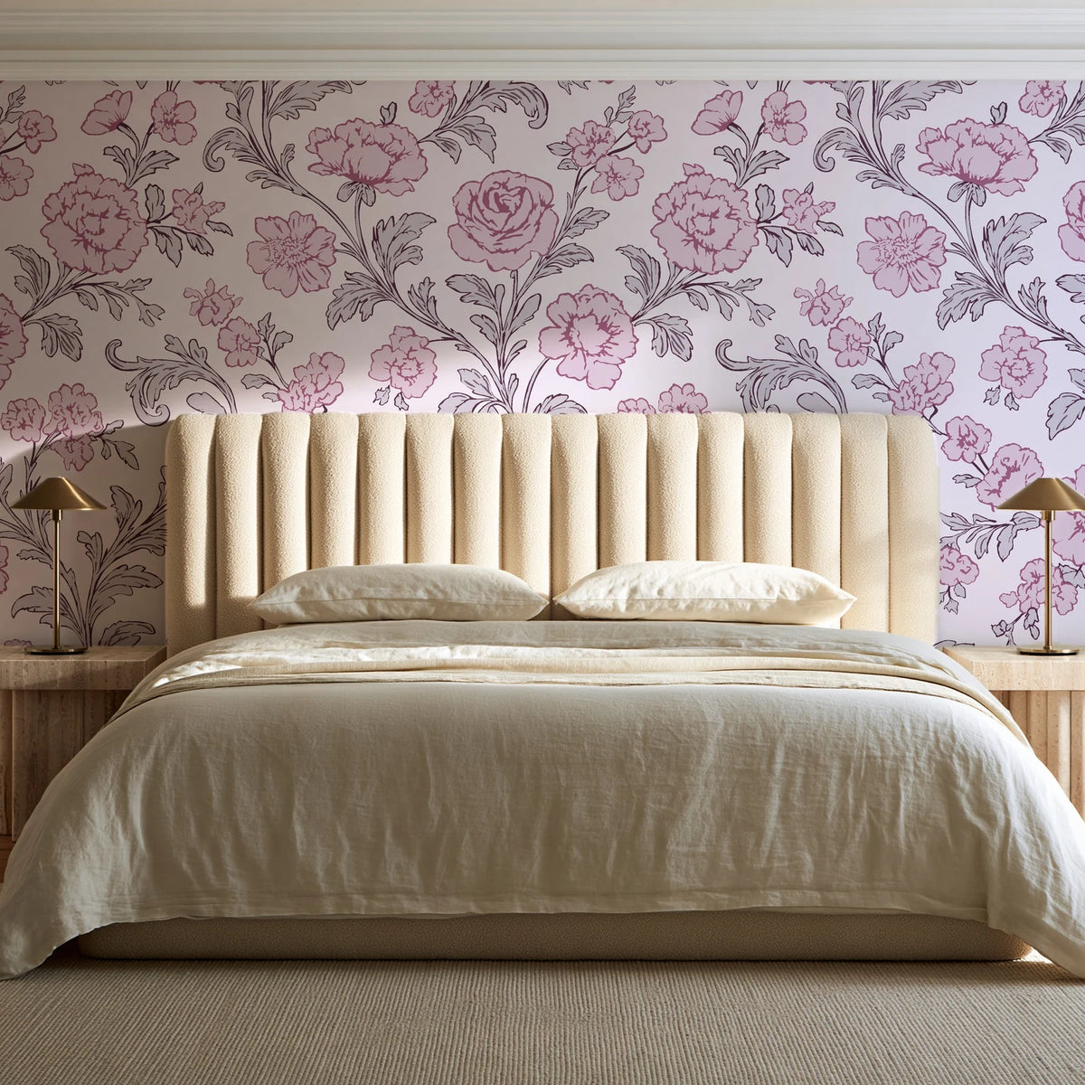 Blush Serenade Aubergine floral damask wallpaper behind a channel-tufted bed in a calm primary bedroom
