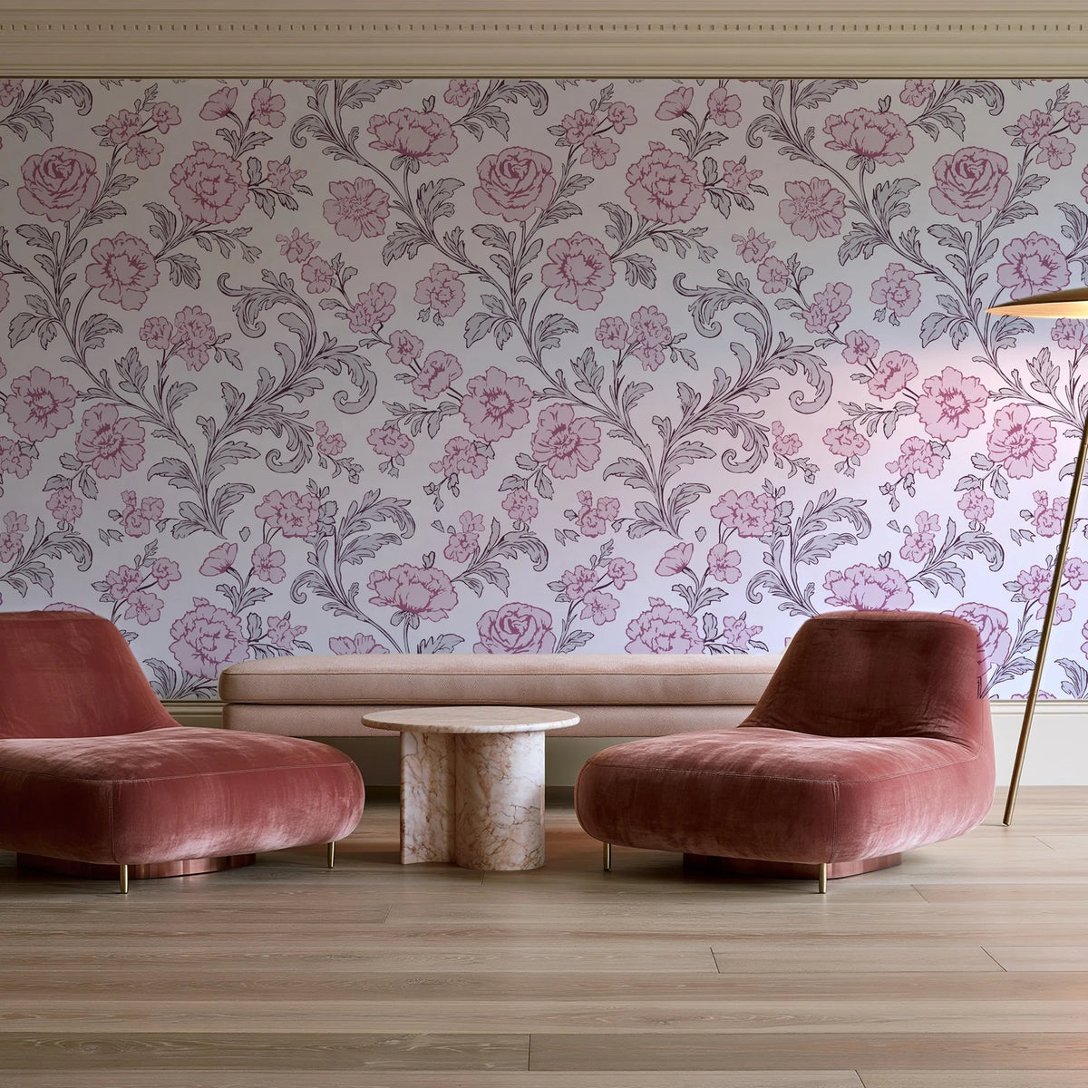 Blush Serenade Aubergine floral damask wallpaper in a boutique hotel sitting area